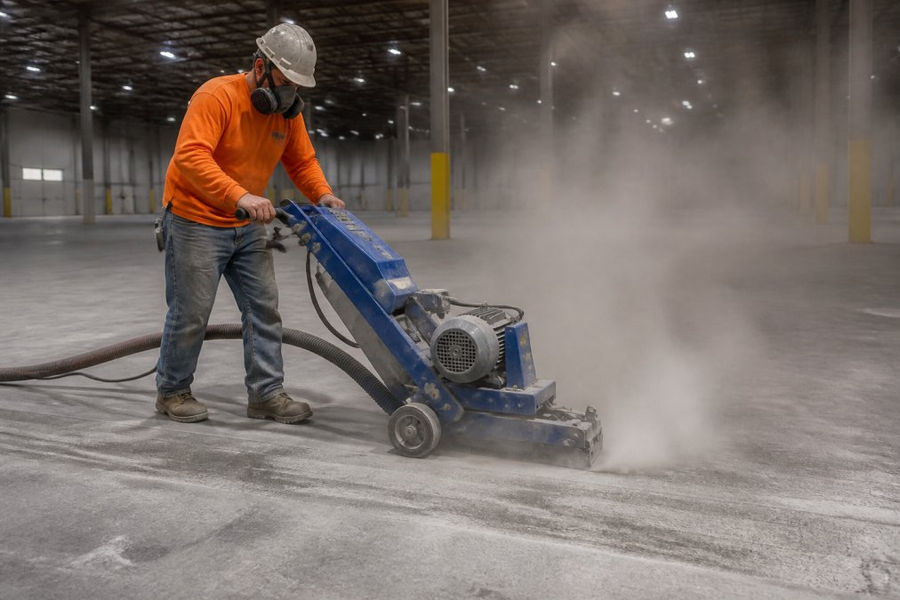 Professional worker using shot blasting equipment on concrete warehouse floor, creating visible dust cloud, safety gear visible, industrial setting with overhead lighting