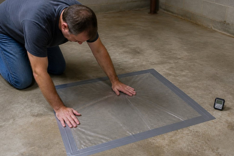 Homeowner performing a plastic sheet test to detect moisture in concrete basement floors by taping plastic to the slab.