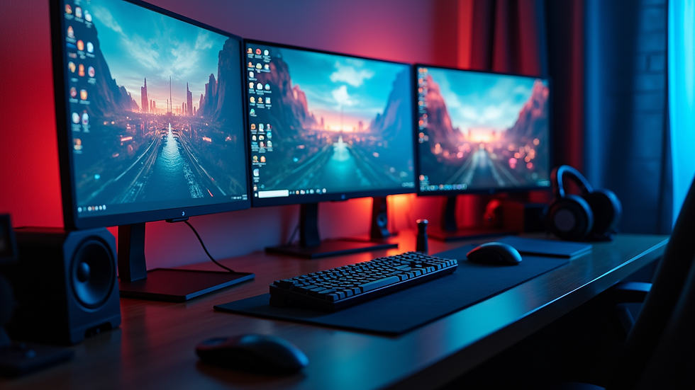 Eye-level view of a gaming setup with multiple screens and gaming accessories