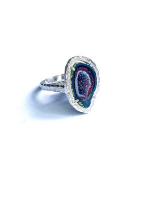 Silver dragon ring with raw agate, imbued with light codes