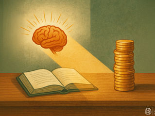Illustration of an open book with a glowing brain rising from its pages and a stack of gold coins beside it, symbolizing the connection between knowledge and financial wealth.