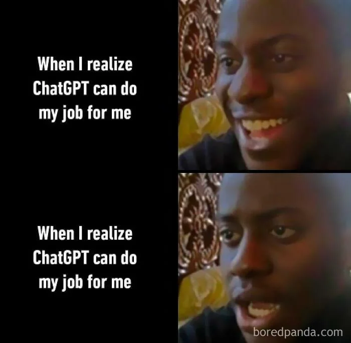 A meme showing a person with a happy and confused face when they realize ChatGPT can do their job for them