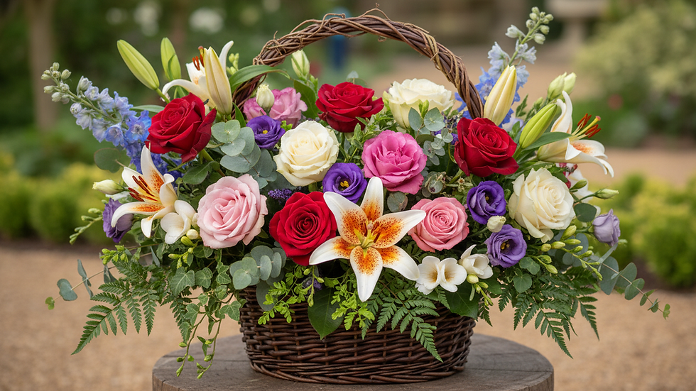 Close-up view of a colorful floral basket with roses, lilies, and greenery