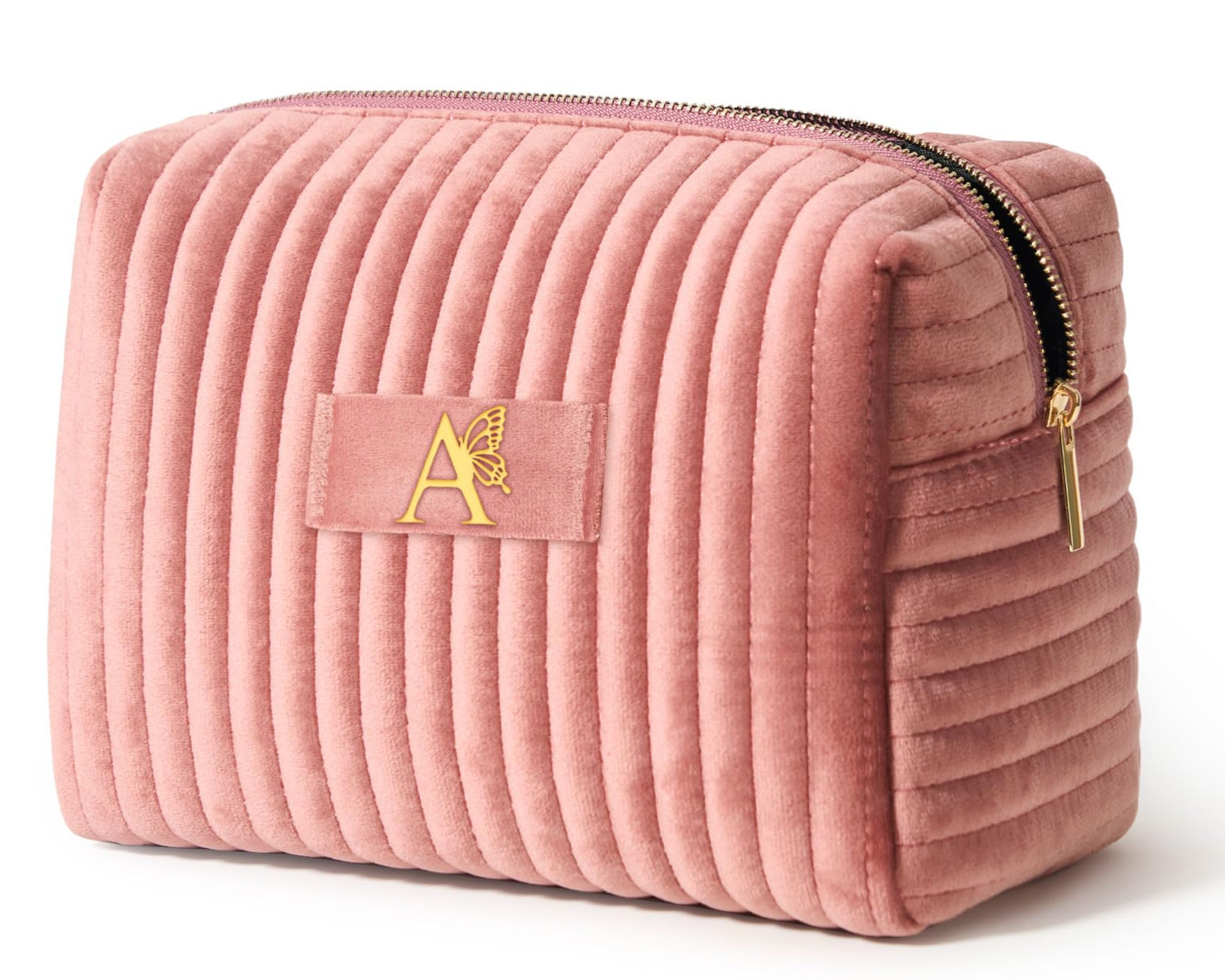 Makeup Bag Quilted Make Up Cosmetic Pouch - Dusty Pink Initial Letter A