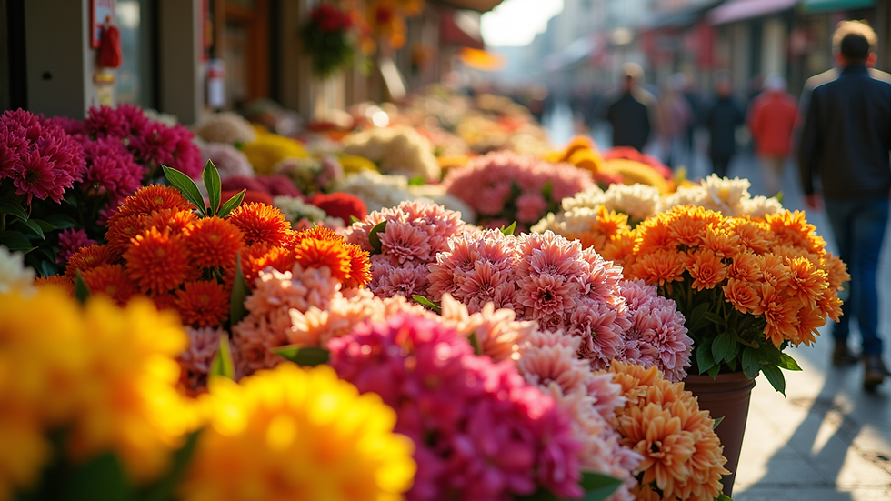 Eye-level view of a colorful flower market stall with fresh seasonal blooms