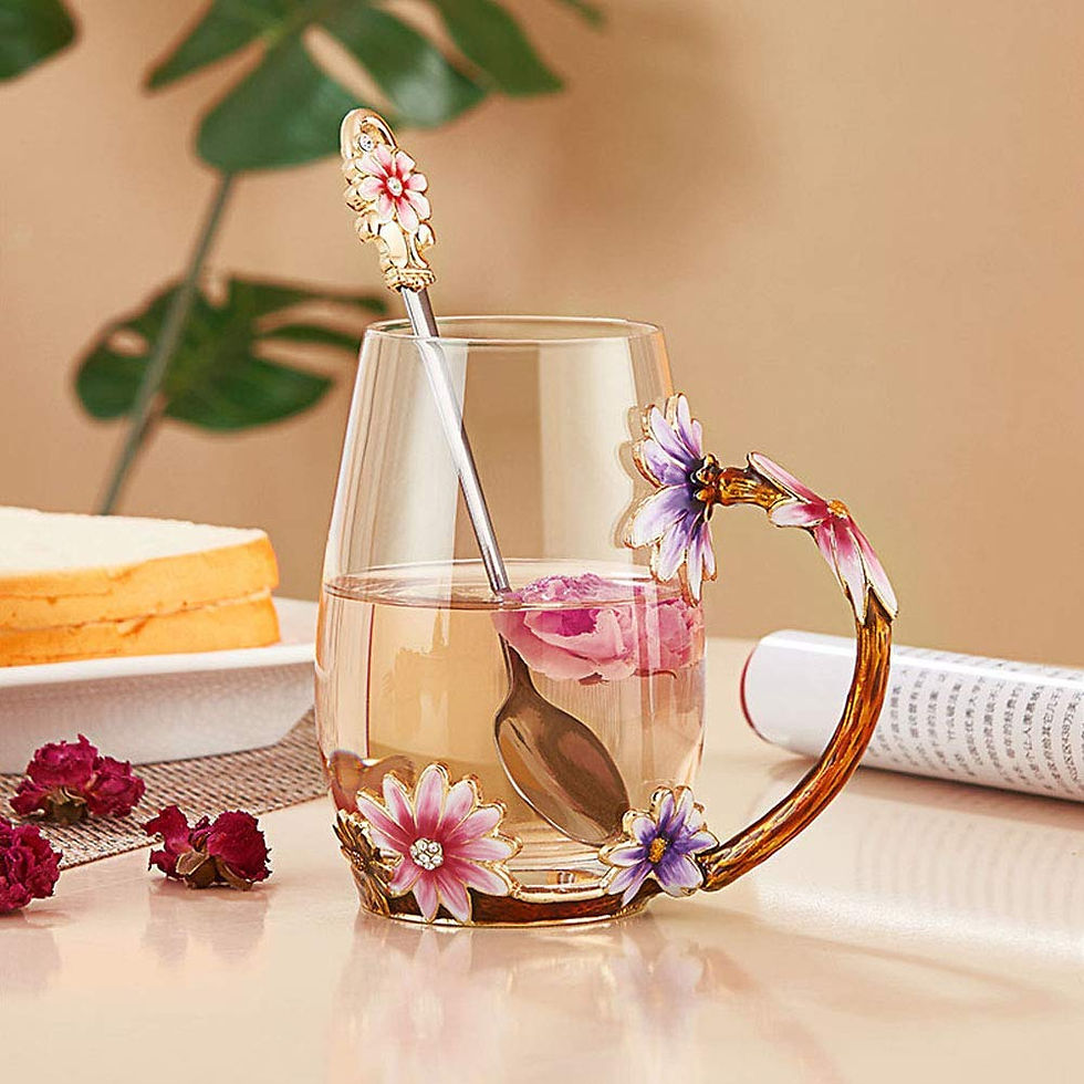 Luka Tech Enamel flower Lead-free Glass Coffee Mugs Tea Cup with Steel Spoon