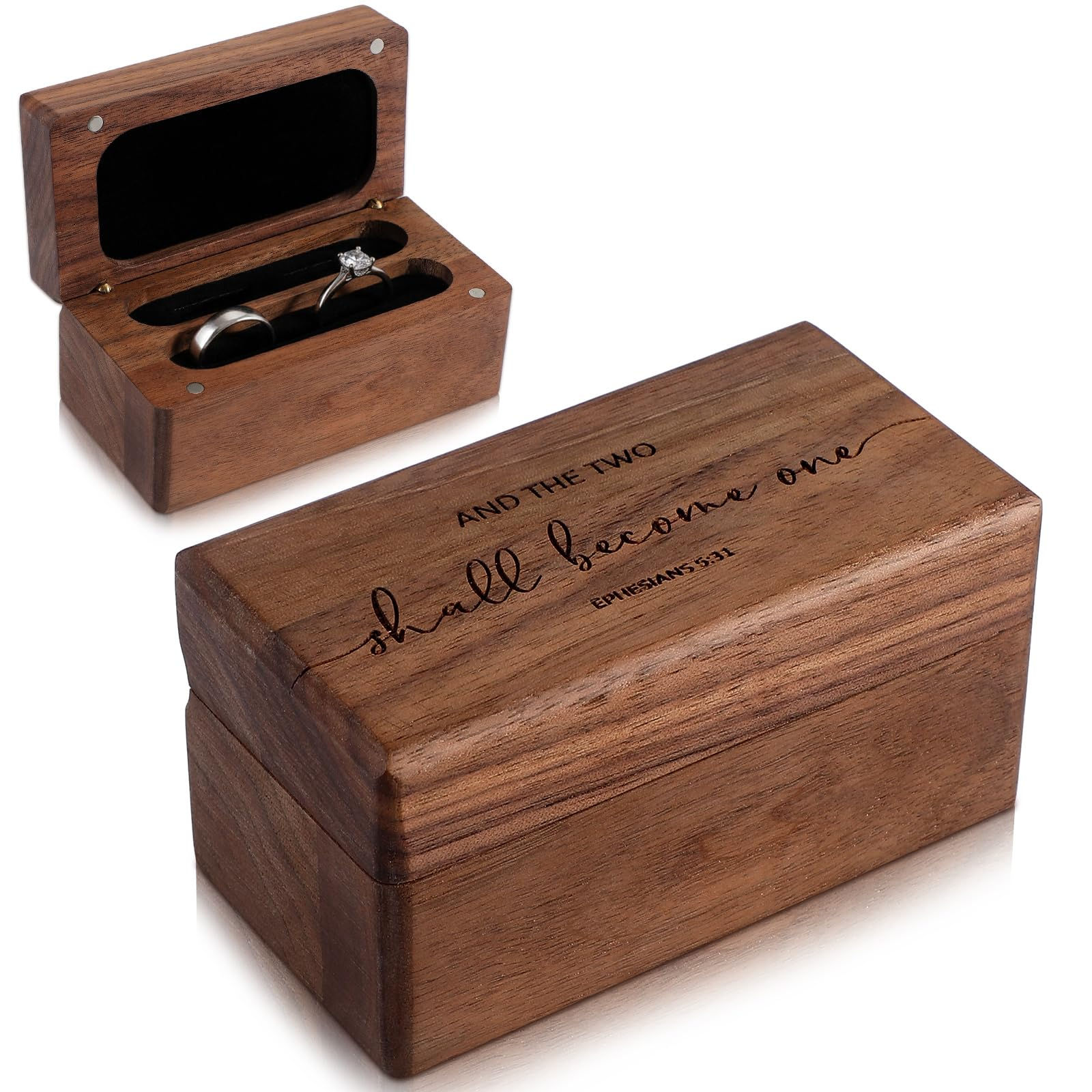 Nosiny Black Walnut Wooden Ring Box Engagement Ring Box Engraved Jewelry Holder