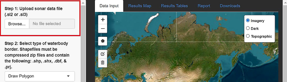 Upload interface for Lowrance sonar data files (.sl2 or .sl3) in the sonar mapping tool