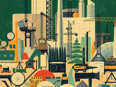 An editorial collage combining industrial elements such as machines, clocks, cars, factories, and technical components with natural motifs. The mix of technology, work, and nature creates a balanced composition in green and beige tones.