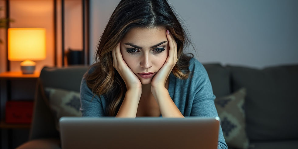 Woman focusing intently on a laptop in a dimly lit room. Background includes a lit lamp and patterned cushions, creating a contemplative mood.