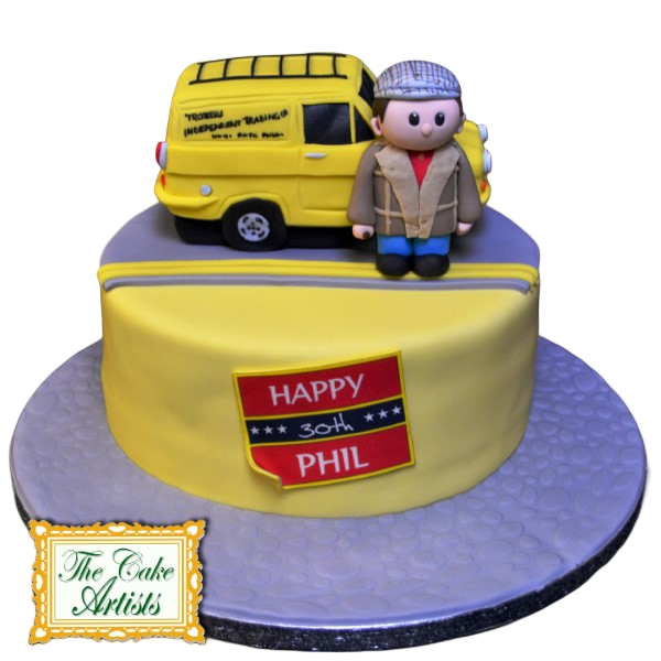 Delicious novelty cake inspired by British TV show "Only Fools and Horses" featuring Trotters logo, perfect for fans of classic comedy.