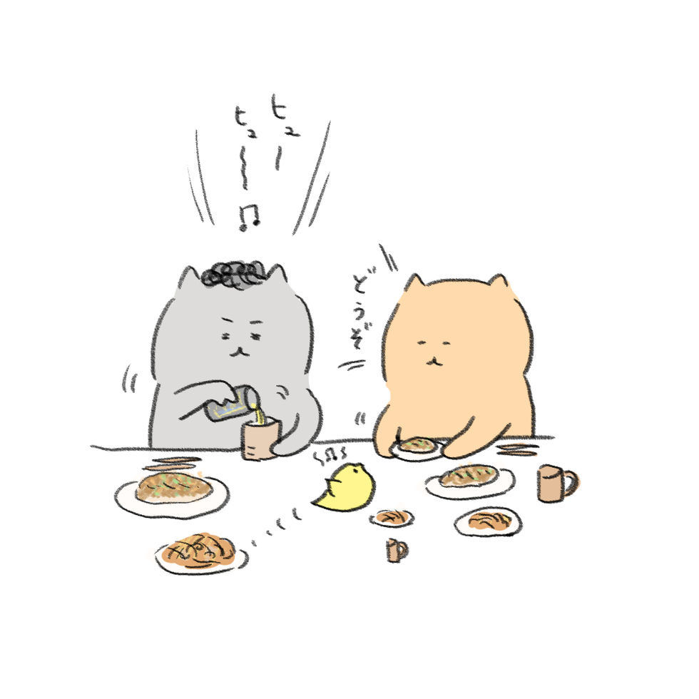 お好み焼きでご機嫌。