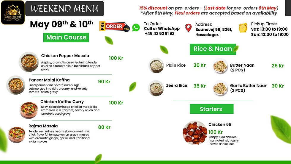 Menu for May 9th & 10th
