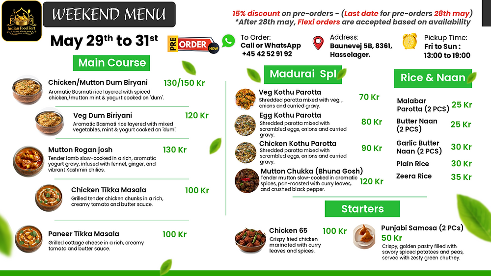 Weekind Menu Weekend Menu for May 29th to 31st