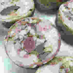 Cross section of the roulade. Note rabbit heart and liver chunks in the middle and at 5:00