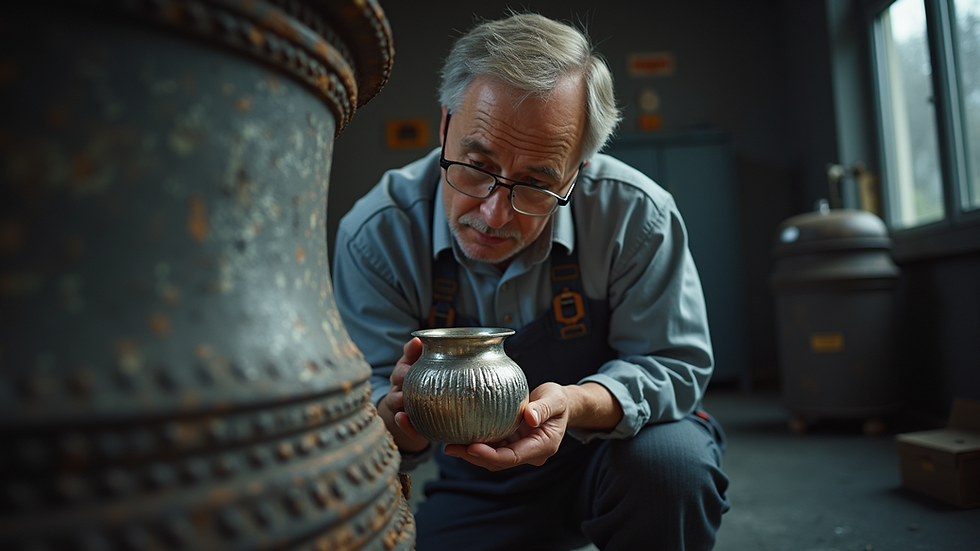 Eye-level view of a professional appraiser examining a silver kiln