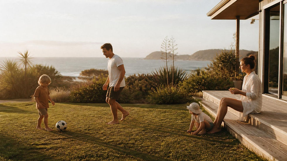 Family outside_Warm cinematic photograph of a family enjoying the lawn outside a New Zeala