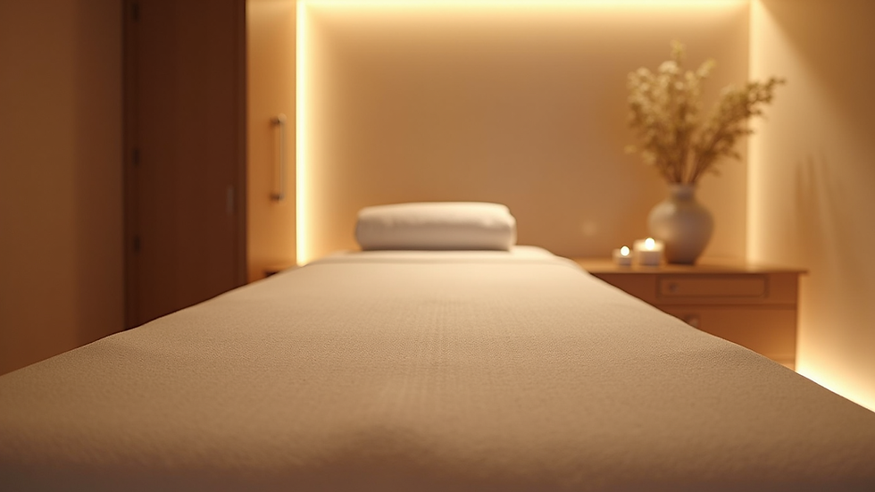 Eye-level view of a serene spa room with soft lighting and a massage table