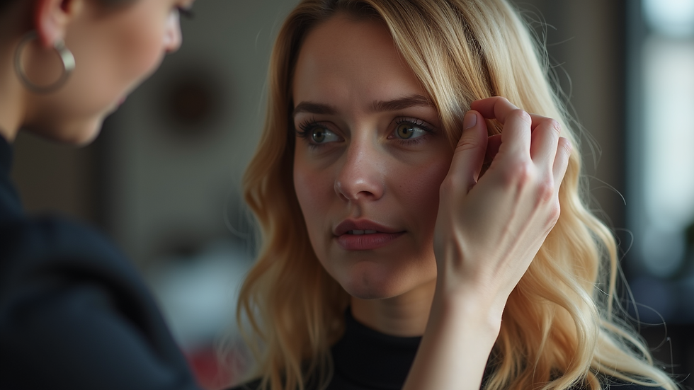 Close-up view of hair stylist applying color to hair