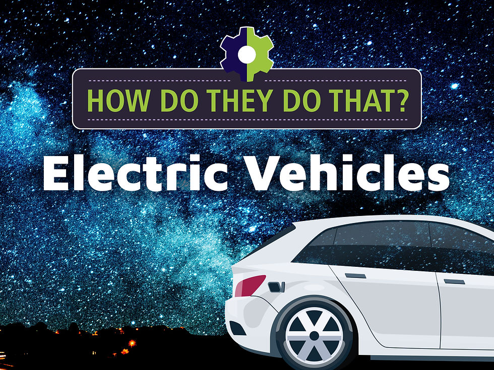 Starry night sky in the background, electric vehicle image in the foreground with the words: "How Do They Do That? Electric Vehicles"