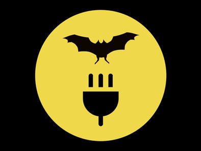 Graphic illustration of a yellow moon on a black background with a black shape of a bat and a power plug overlay.