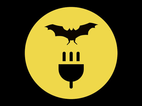 Graphic illustration of a yellow moon on a black background with a black shape of a bat and a power plug overlay.