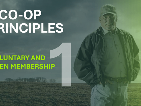 Stylized photo of a farmer in a field with the words “Cooperative Principle 1” and “Voluntary and Open Membership”