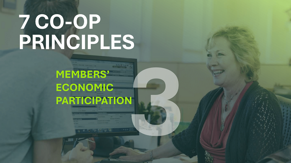 Photo of a woman working on a computer and smiling while talking to a man at a counter. Text title includes: “7 Co-op Principles” with a subtitle of “Members’ Economic Participation.”