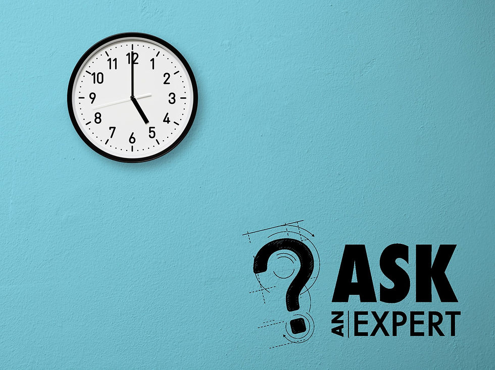 Image of a blue wall with a clock hanging on it and the words "Ask an Expert".