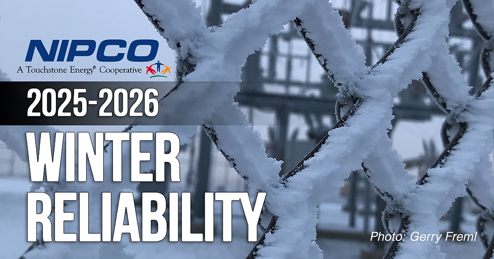 A photo of wintery conditions around electric infrastructure with the text: 2025-2026 Winter Reliability.