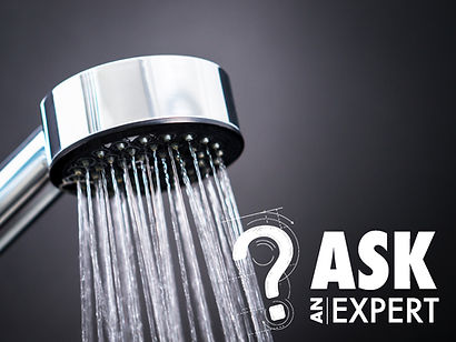 Photo of a low-flow shower head fixture with the words "Ask an Expert"