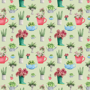 A scattered pattern of various recycled plant pots with small garden plants in them on a green background