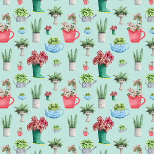 A scattered pattern of various recycled plant pots with small garden plants in them on a blue background