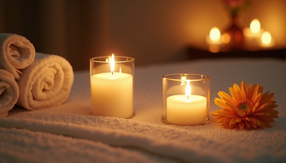 Eye-level view of a serene spa room with soft lighting and a treatment bed