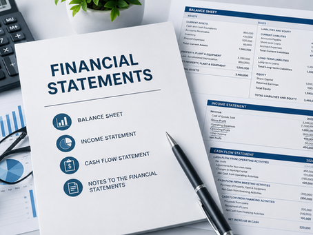 Professional financial statements on a desk with charts, calculator, pen, and business reports showing income statement, balance sheet, and cash flow statement.