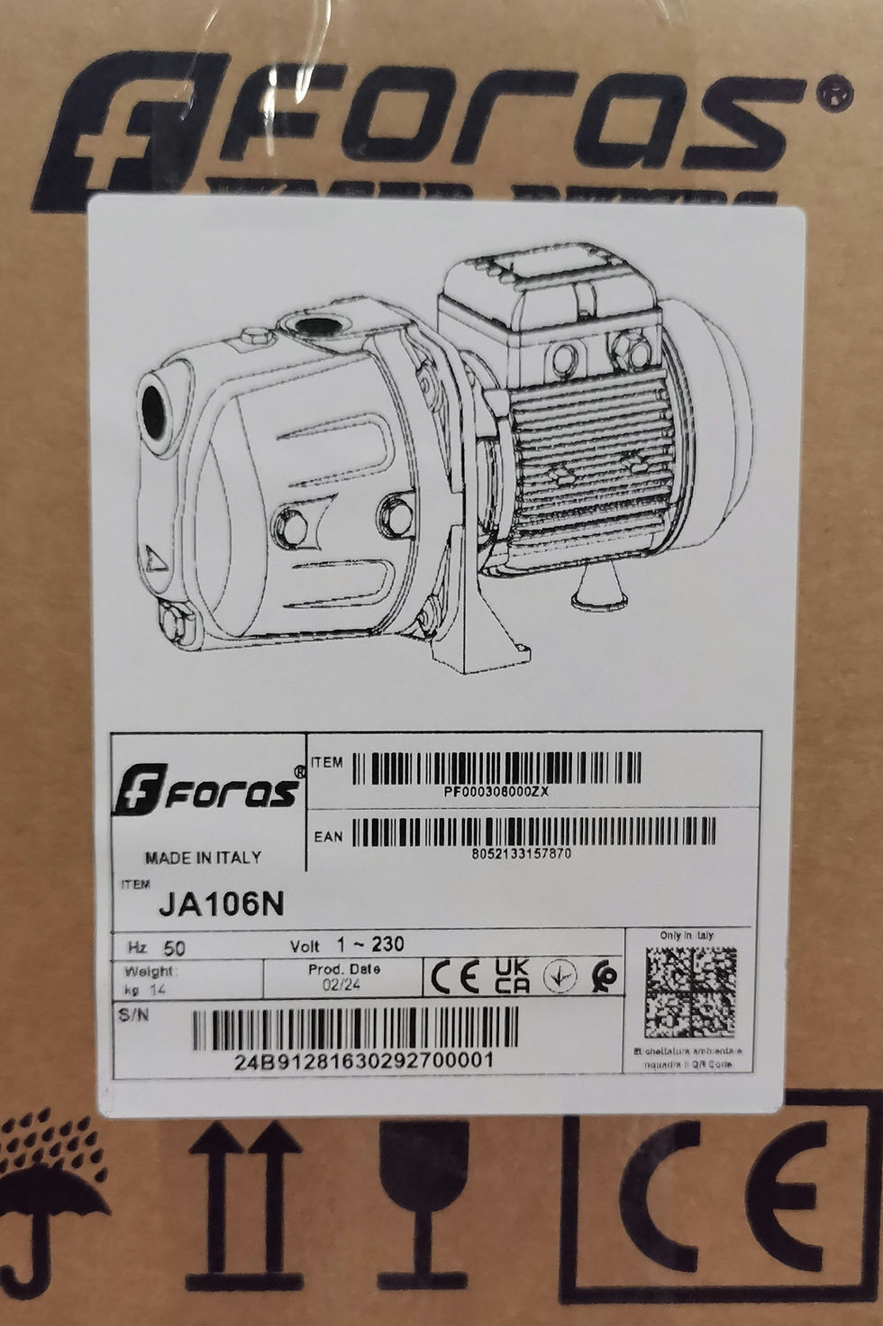 Thumbnail: Foras JA106N centrifugal jet pump packaging label showing technical diagram and Made in Italy specifications