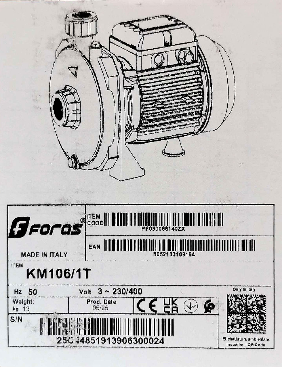 Thumbnail: Foras water pump KM106 230 FORAS_Water_Pump PENTAX_Parts Pedrollo KSB GRUNDFOS Calpeda SAER Panelli_MARLY