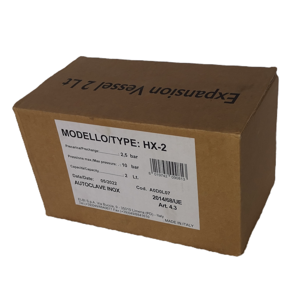 Technical data label for ELBI HX-2 model A0D0LO7 showing max pressure 10 bar