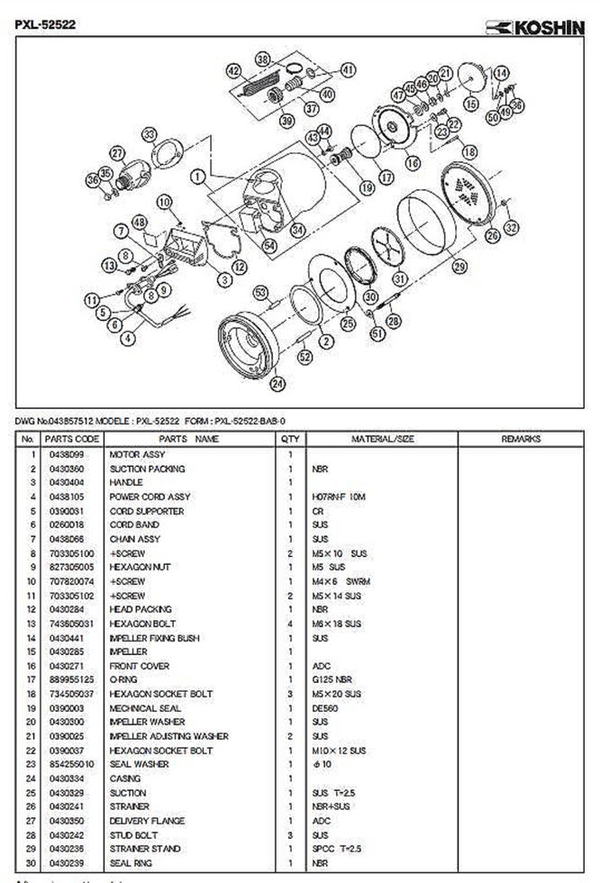 Koshin PXL-52522 submersible pump diagram highlighting stud bolt position 28 part 0430242