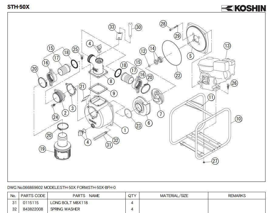 Exploded view schematic of Koshin STH-50X showing position 31 long bolt M8x118