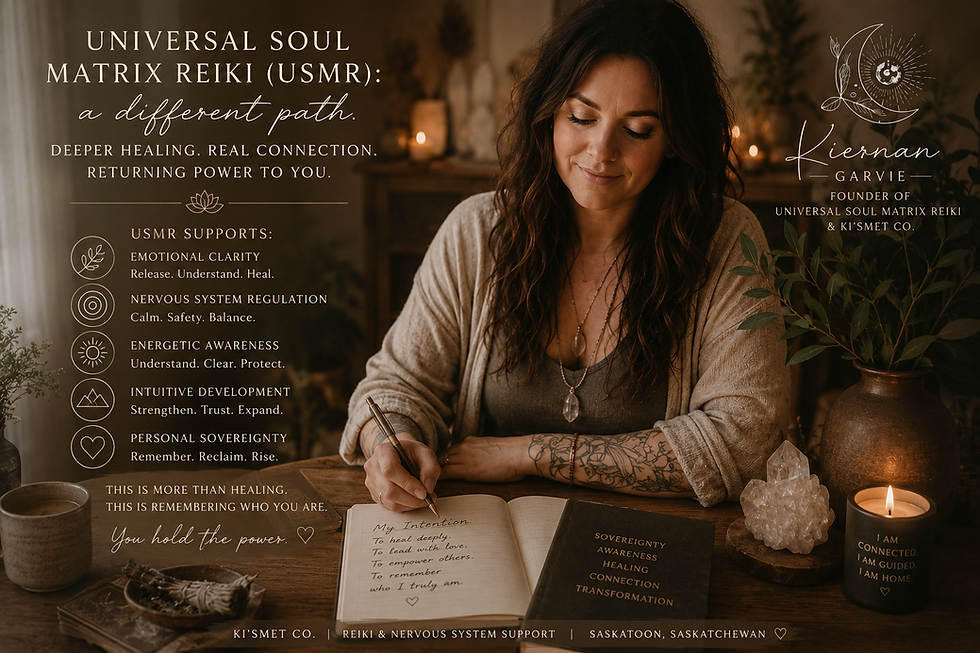 Warm, softly lit promotional image representing Universal Soul Matrix Reiki (USMR) and grounded spiritual healing in Saskatoon. A calm female healer sits reflectively at a wooden table surrounded by candles, crystals, journals, plants, and earthy textures, creating a peaceful atmosphere symbolizing emotional clarity, nervous system regulation, intuitive development, and personal sovereignty. The image highlights themes of deep healing, real connection, empowerment, and reconnecting with yourself through Reiki and energetic support. Watermarked with Kiernan Garvie branding for Ki’smet Co and Universal Soul Matrix Reiki.