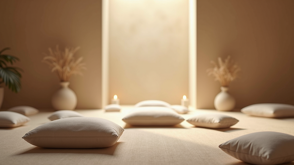 Eye-level view of a serene meditation space with cushions and soft lighting
