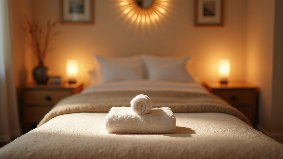 Eye-level view of a cozy Reiki treatment room with soft lighting