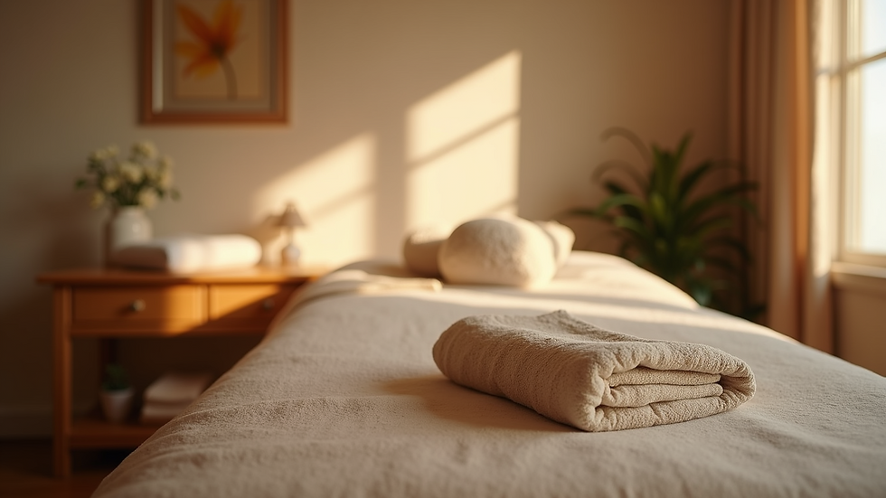 Eye-level view of a cozy reflexology treatment room with soft lighting