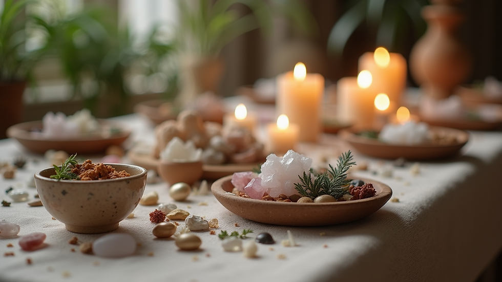 Close-up view of a table with crystals, herbs, and candles arranged for a holistic healing workshop