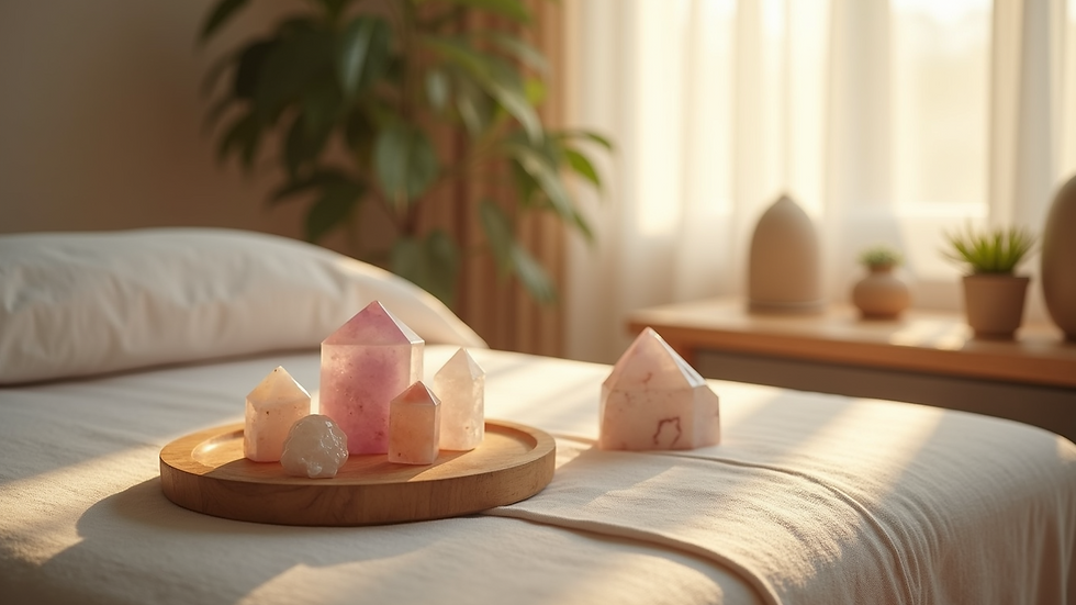 High angle view of a calm therapy room with soft natural light and healing crystals