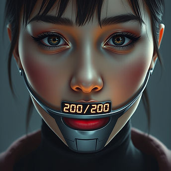 A realistic futuristic portrait of a person wearing a thin, sleek metallic mouth device wi