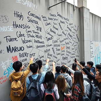 A wall spray painted with an interconnecting web of names and highschooo young adults crow