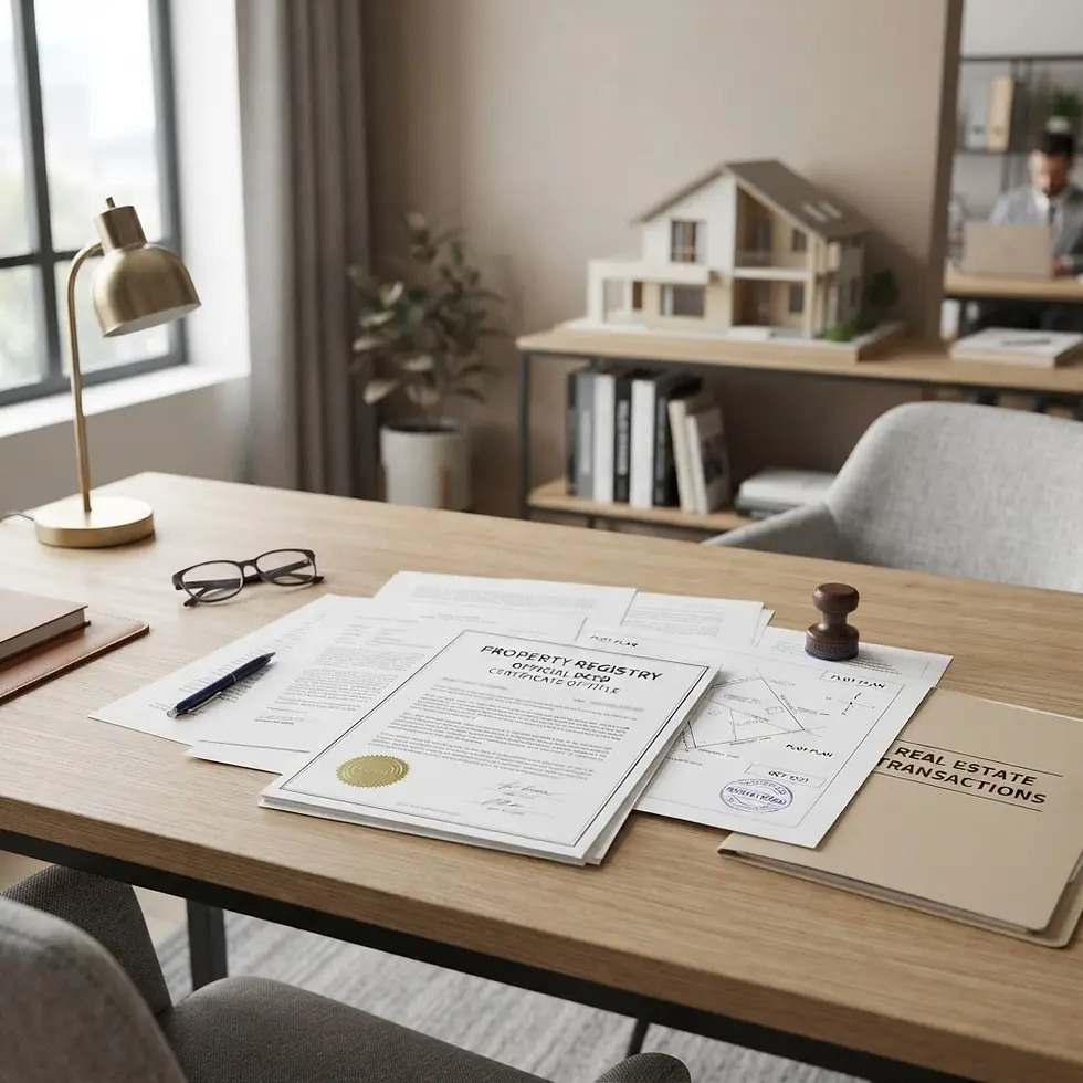 Digital illustration showing a desk with real estate documents, glasses, and a house model in a professional office environment.