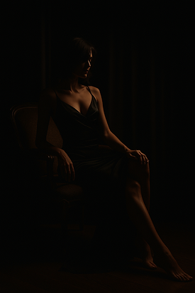 Woman seated on a vintage chair wearing a sleek black evening gown.PNG